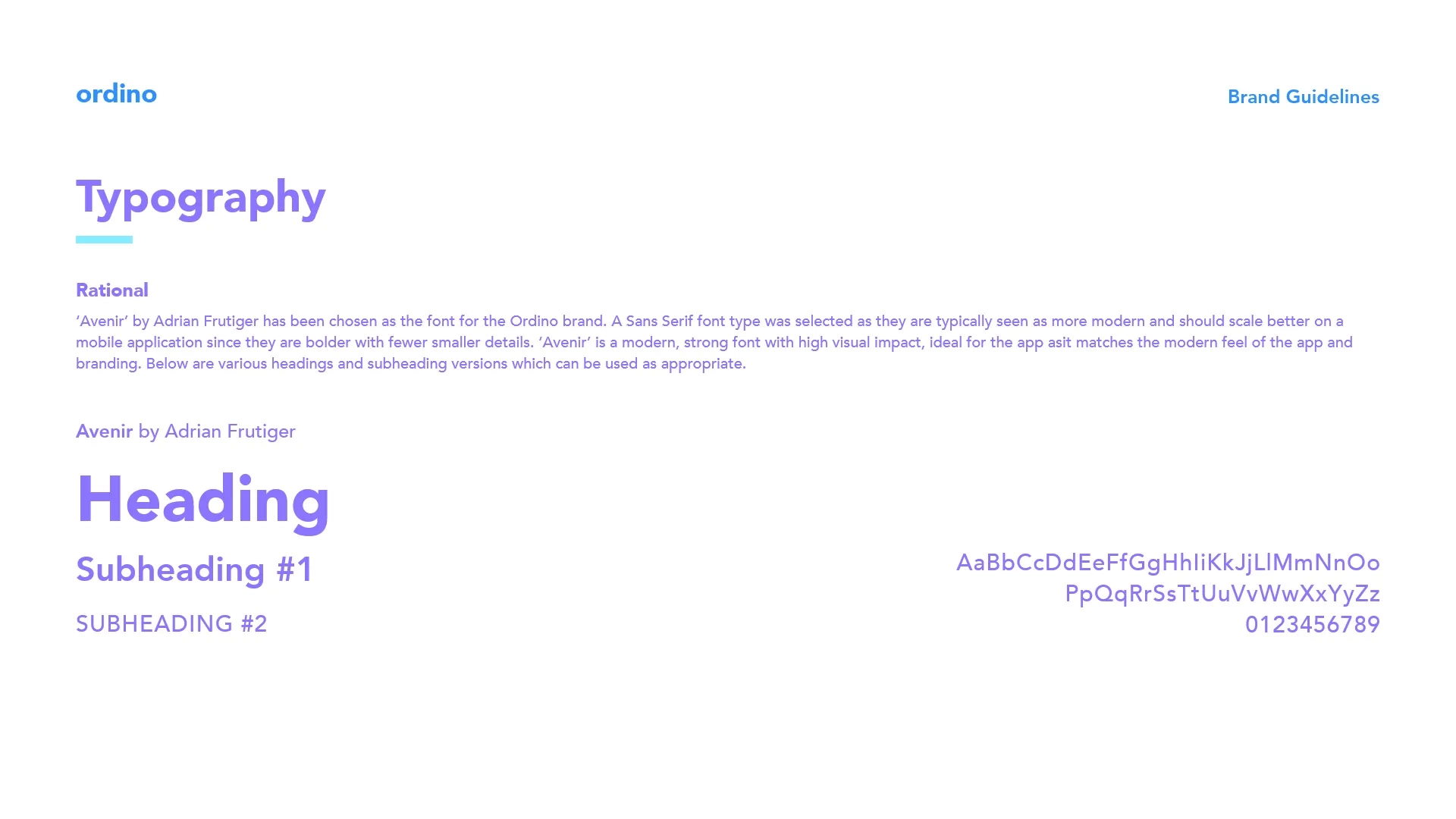 The fourth page of the Ordino brand guidelines outlines the fonts which should be used by the brand