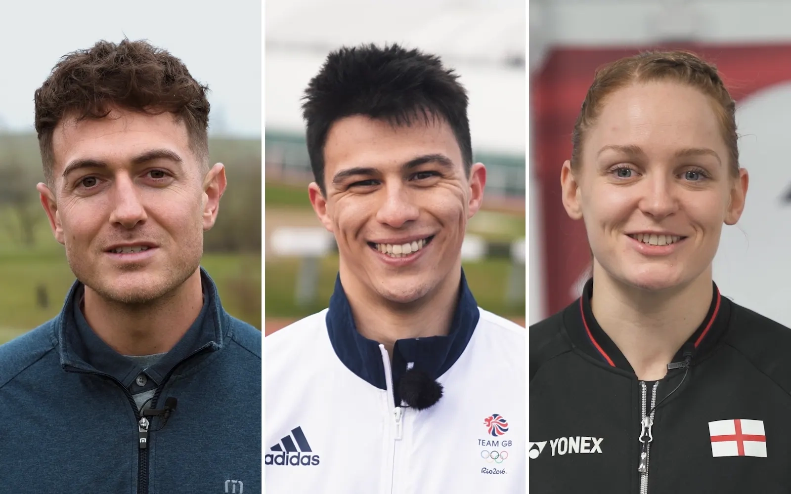 Three cikumns, each one showing a sports personality - two male, one female