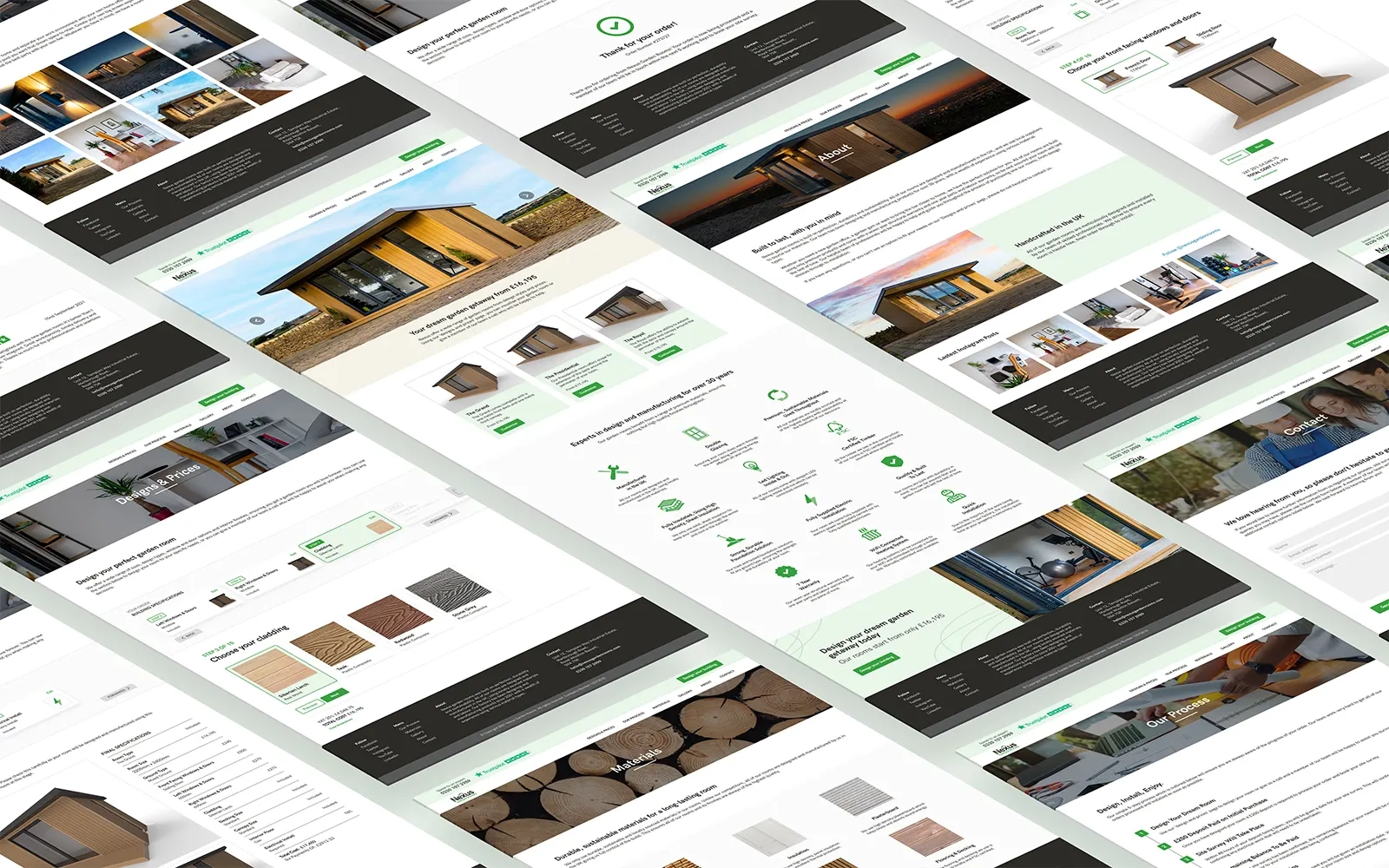 Screenshots of the Nexus Garden Rooms website displayed in a modern perspective grid showing various pages of the website