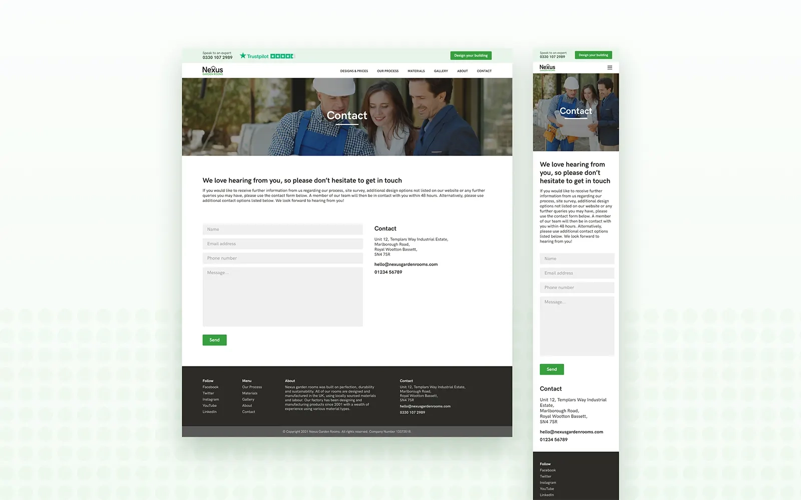Two images side by side one showing the desktop version the other the mobile version of the contact page with the form customers can fill in to get in touch