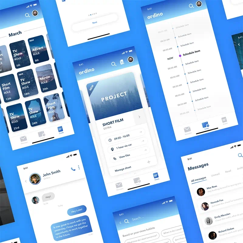 Screenshots from the Ordino app displayed in a grid at a slight angle on a blue background, highlighting the app’s features