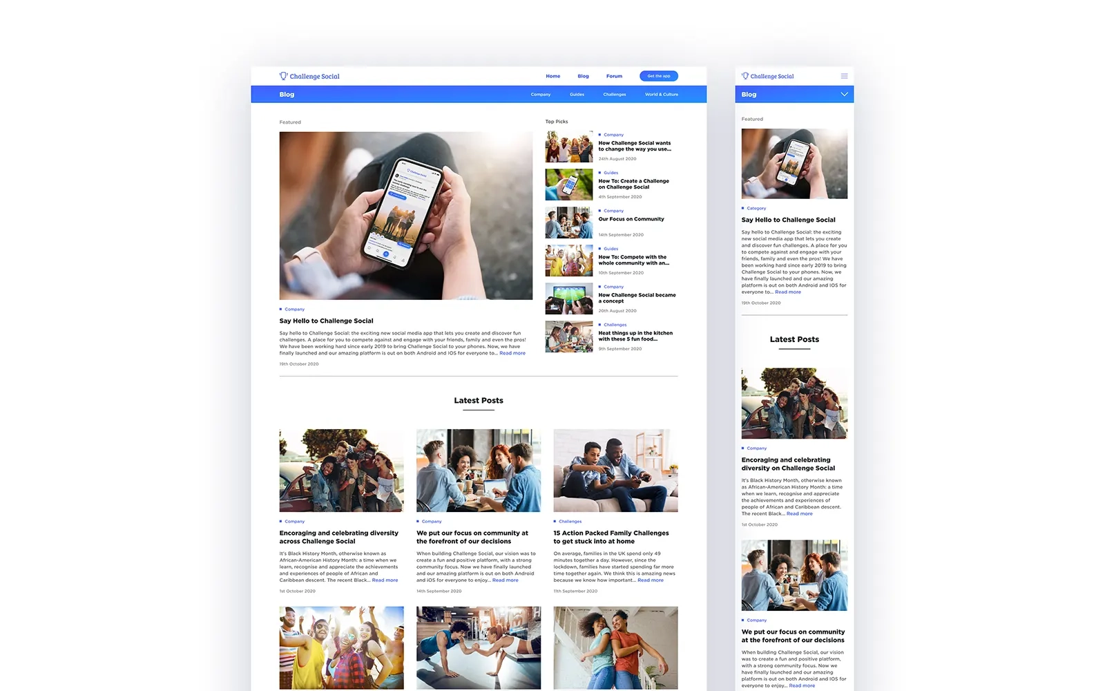 Two images side by side, one showing the desktop version of the blog page, the other the mobile version. The blog page displays a variety of previews of articles shown with thumbnail photos