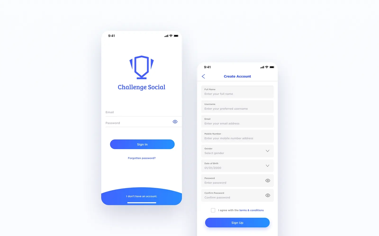 Two designs of the Challenge Social 'sign in' and 'sign up' screens