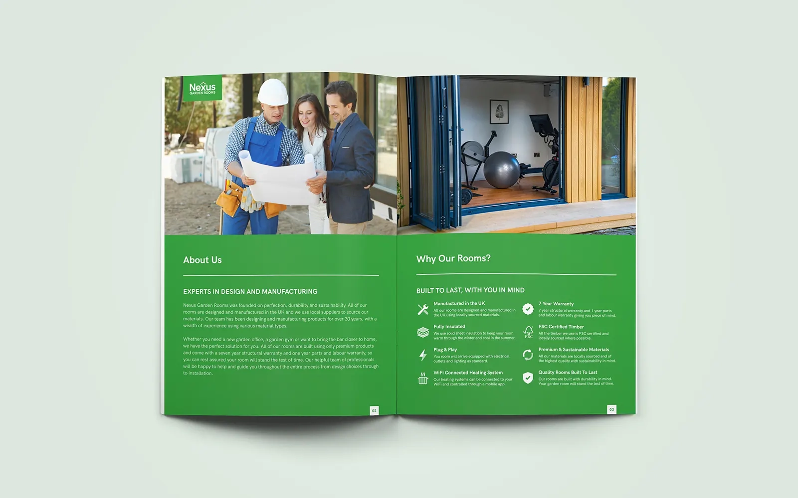 A two page spread of the brochure showing the 'about us' page and 'why our rooms?' divider page