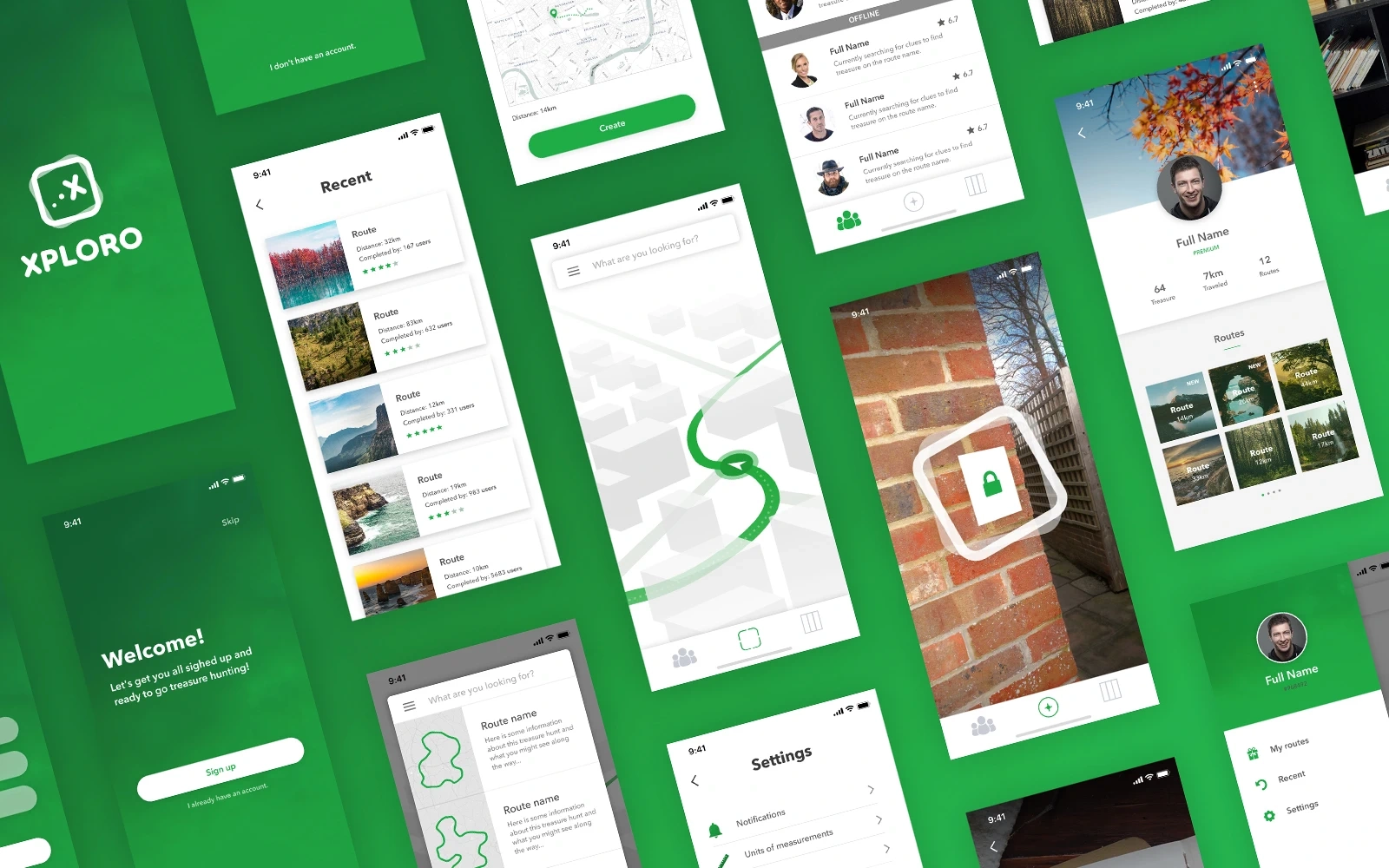 Screenshots of the Xploro app displayed in a grid at a slight angle on a green background, highlighting the app’s features