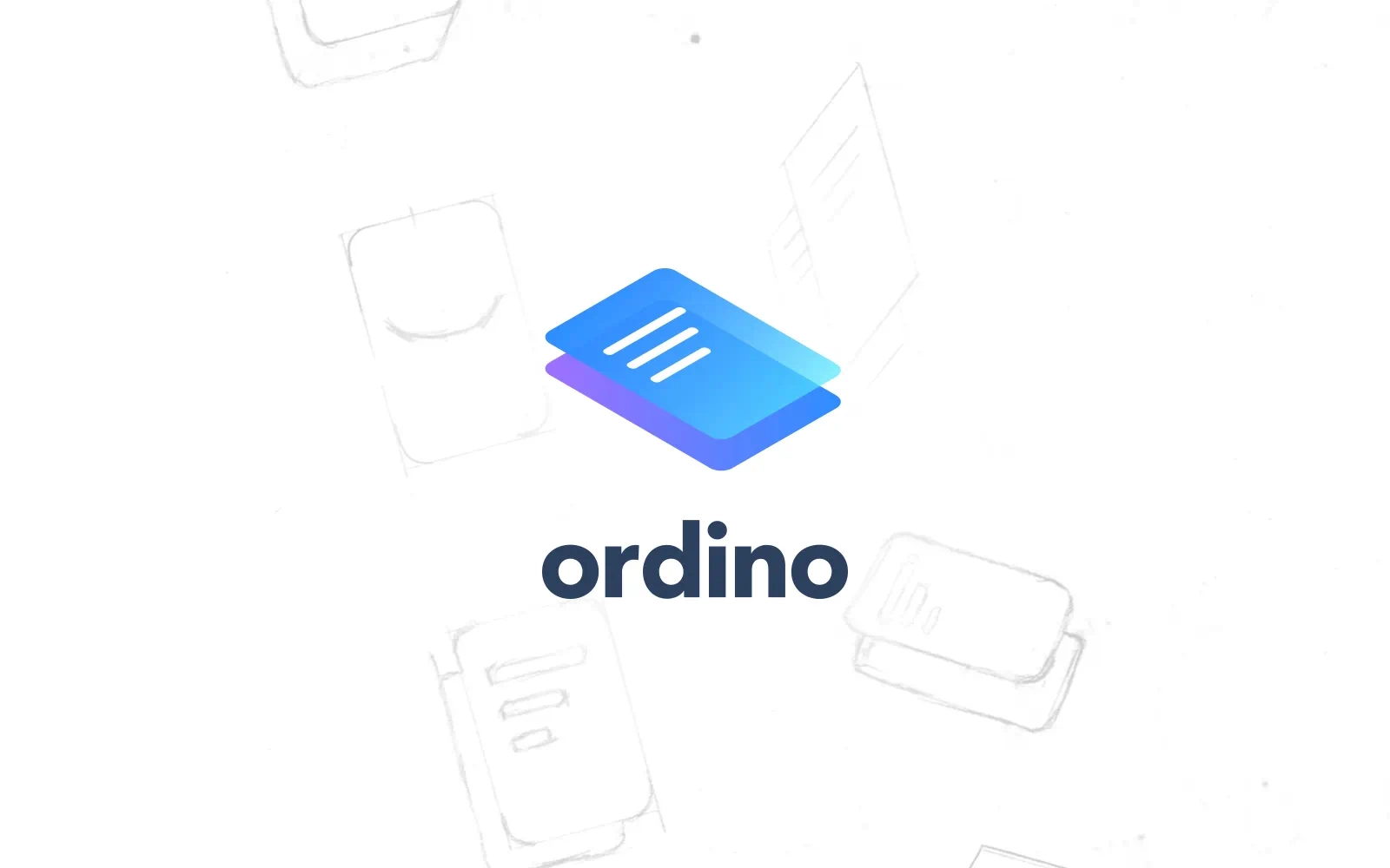 Designed to provoke thoughts of organisation and productivity, this modern blue and purple logo shows two pieces of paper stacked on top of one another at an angle on a white background showing initial sketches of the logo