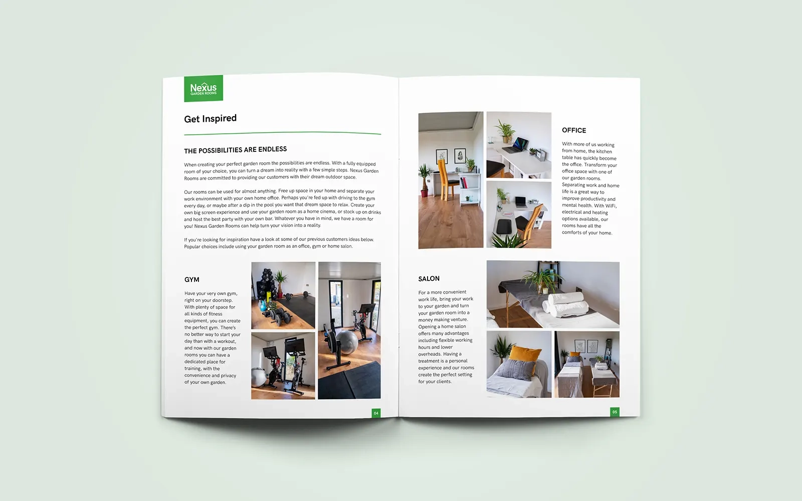 A two page spread of the brochure showing examples of different ways customers can use a garden room from a gym to an office or a home salon