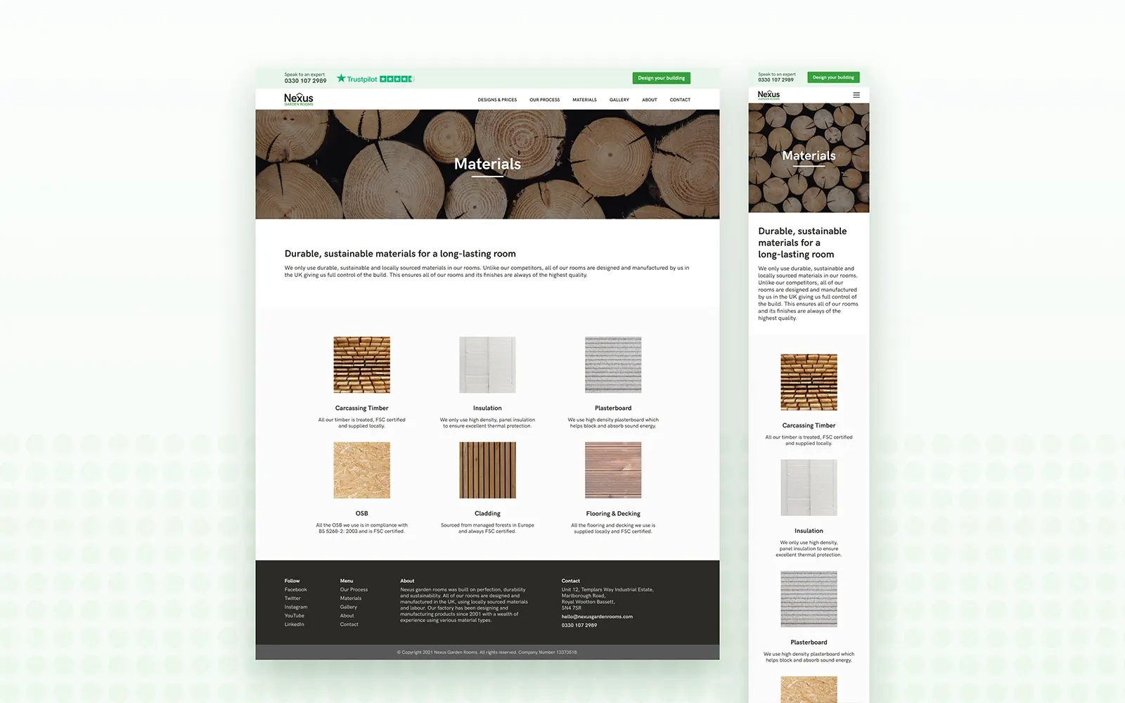 Two images side by side one showing the desktop version the other the mobile version of the final steps of the materials page which shows thumbnails of the key materials used in building a room and how they are sourced