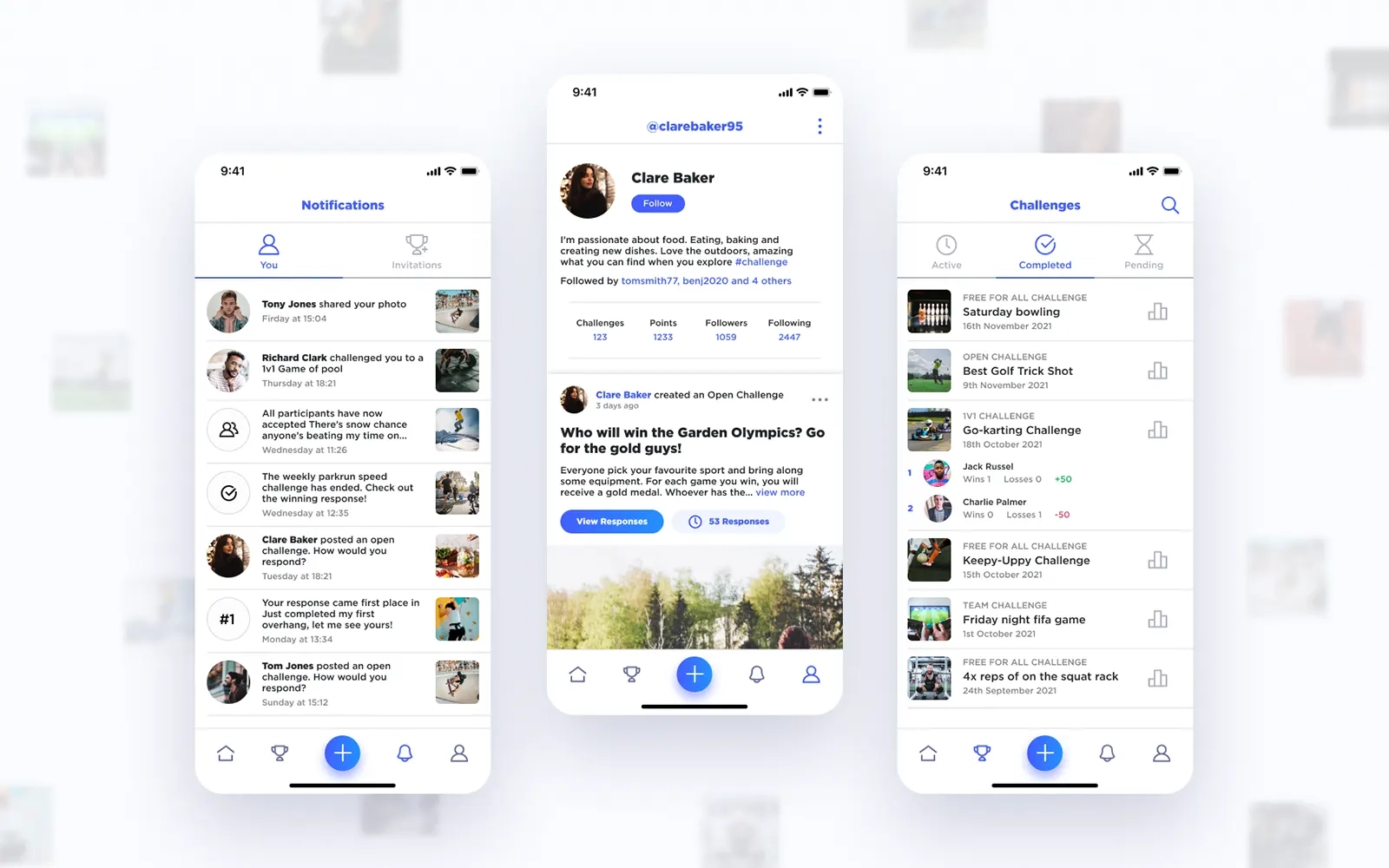 Three designs of the Challenge Social notifications, profile and challenges screens