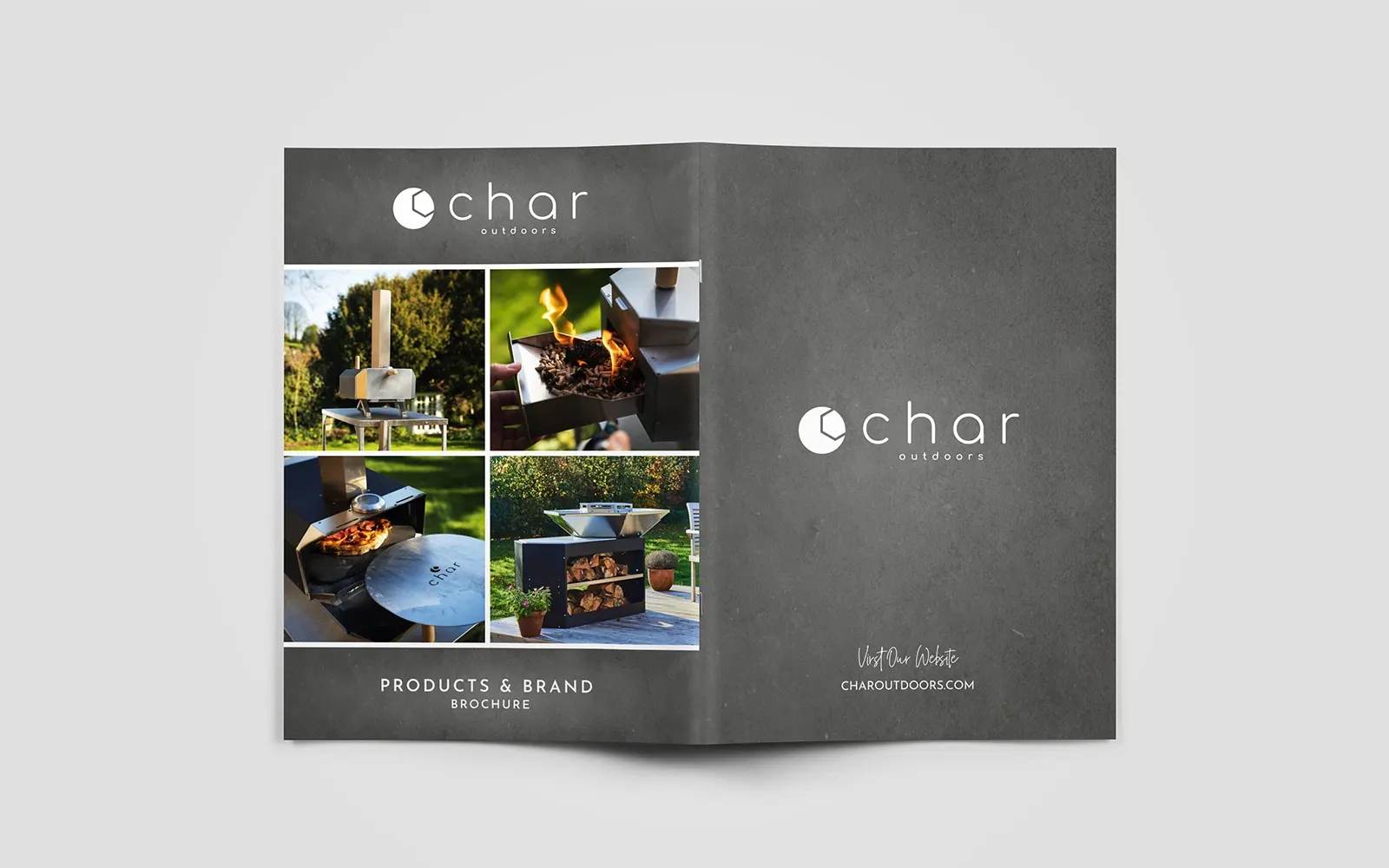 Both the front and back cover of the brochure, showing various photos of the company's products