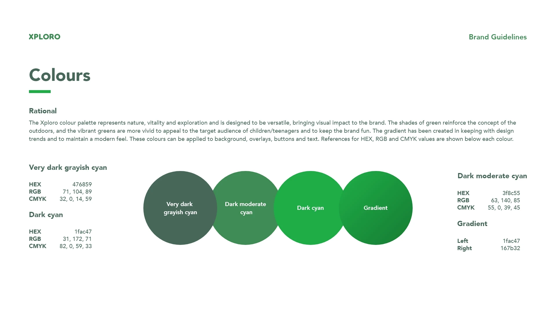 The second page of the Xploro brand guidelines outlines the various colours to be used by the brand