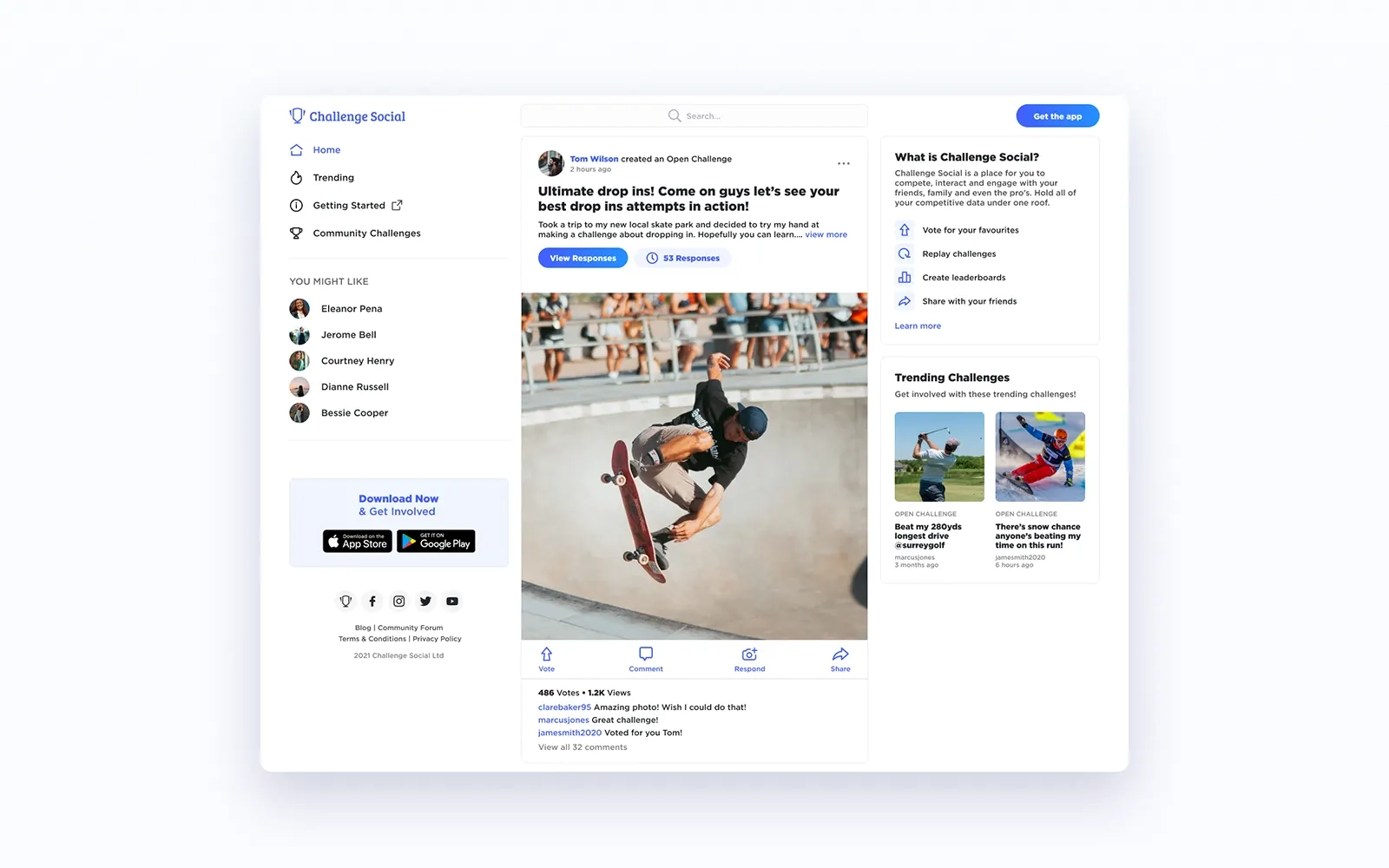 The Challenge Social web app displaying the newsfeed