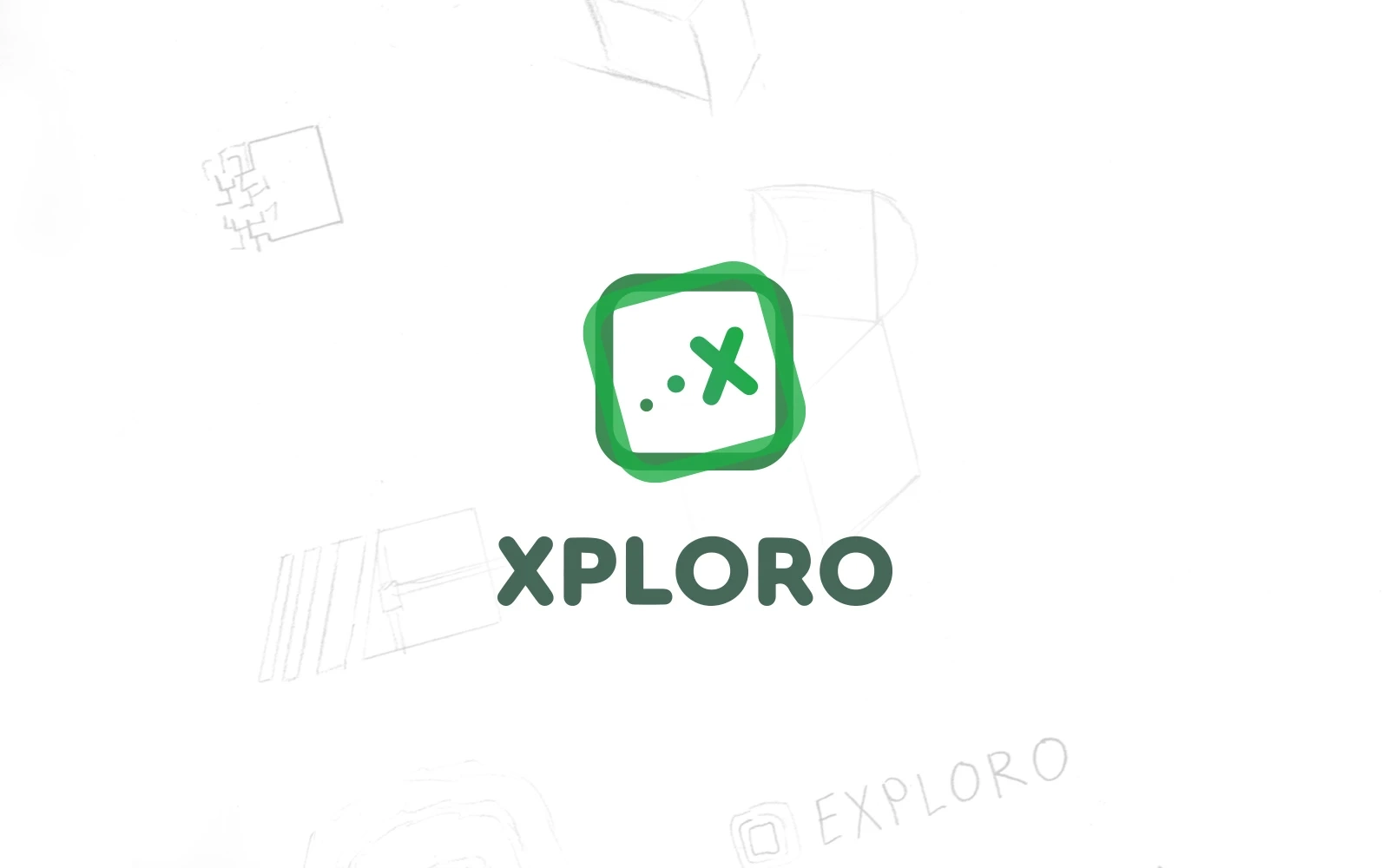 The modern and trendy Xploro logo shows two overlapping green squares with a few dots leading to an ‘x’ in the middle. This fun and quirky logo is shown on a white background with initial sketches of the logo
