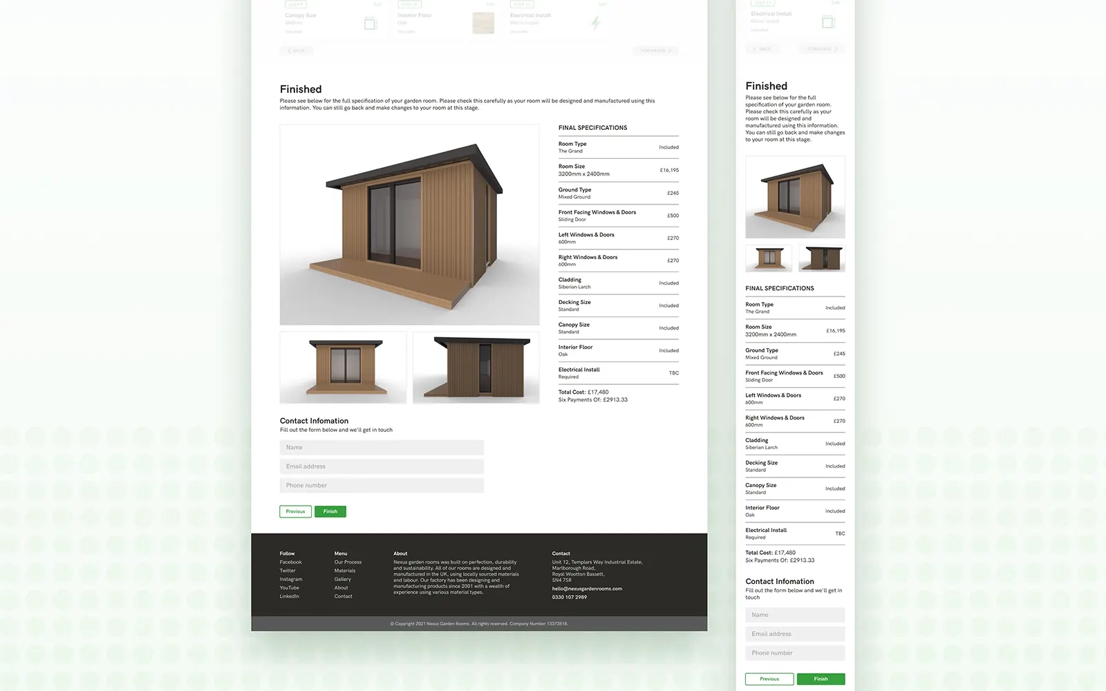 Two images side by side one showing the desktop version the other the mobile version of the final steps of the ordering process with images and cost breakdown of the room