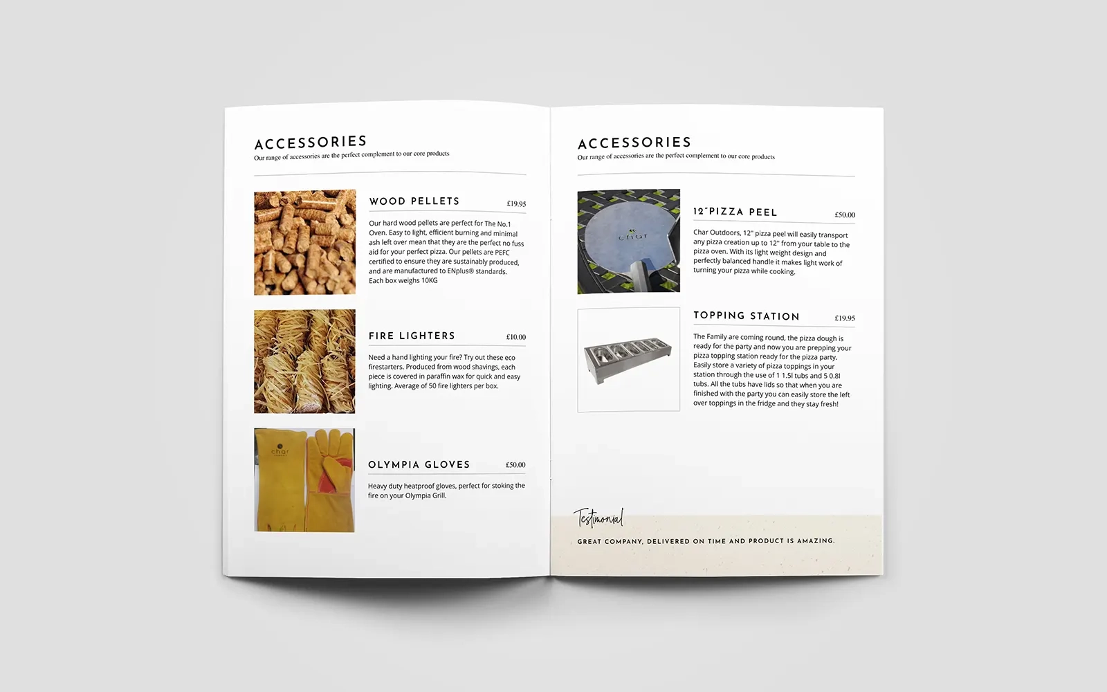 A two page spread of the brochure showing photos and information various accessories on offer