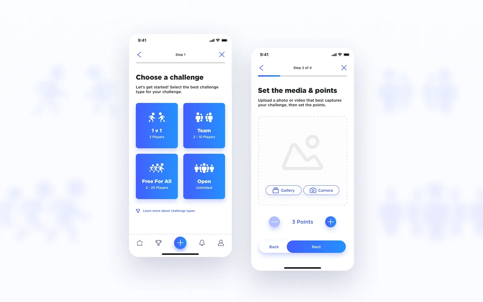 Two designs of the Challenge Social 'create a challenge' flow