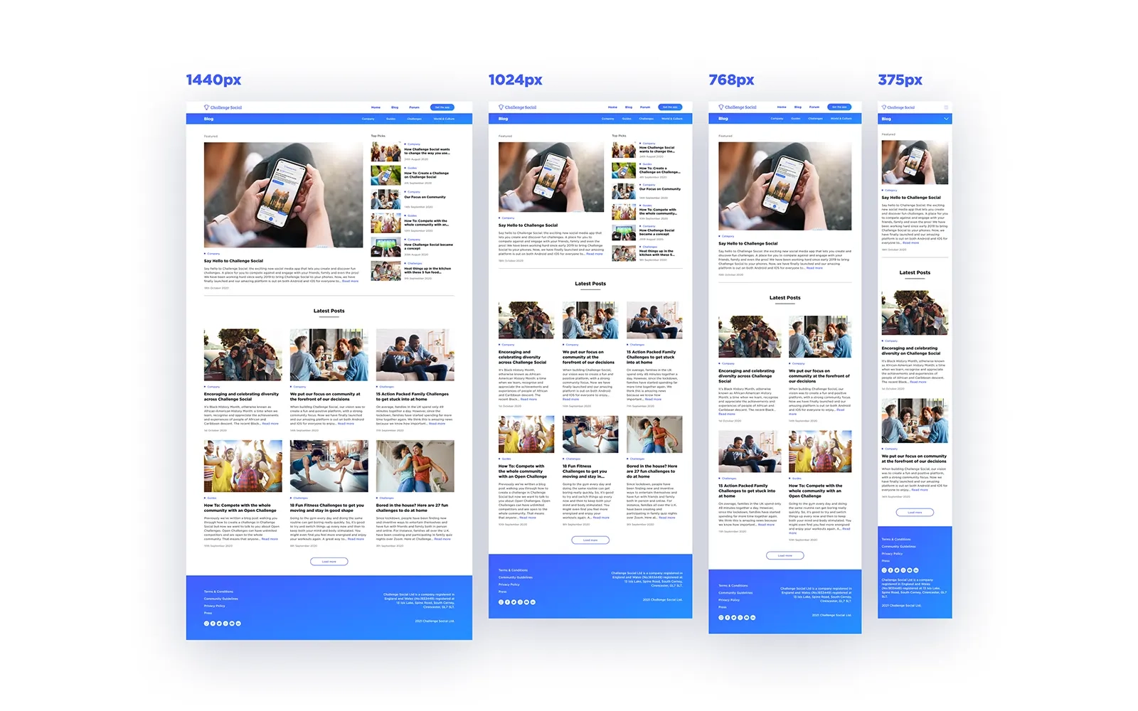 Multiple versions of the blog page created for different size screens