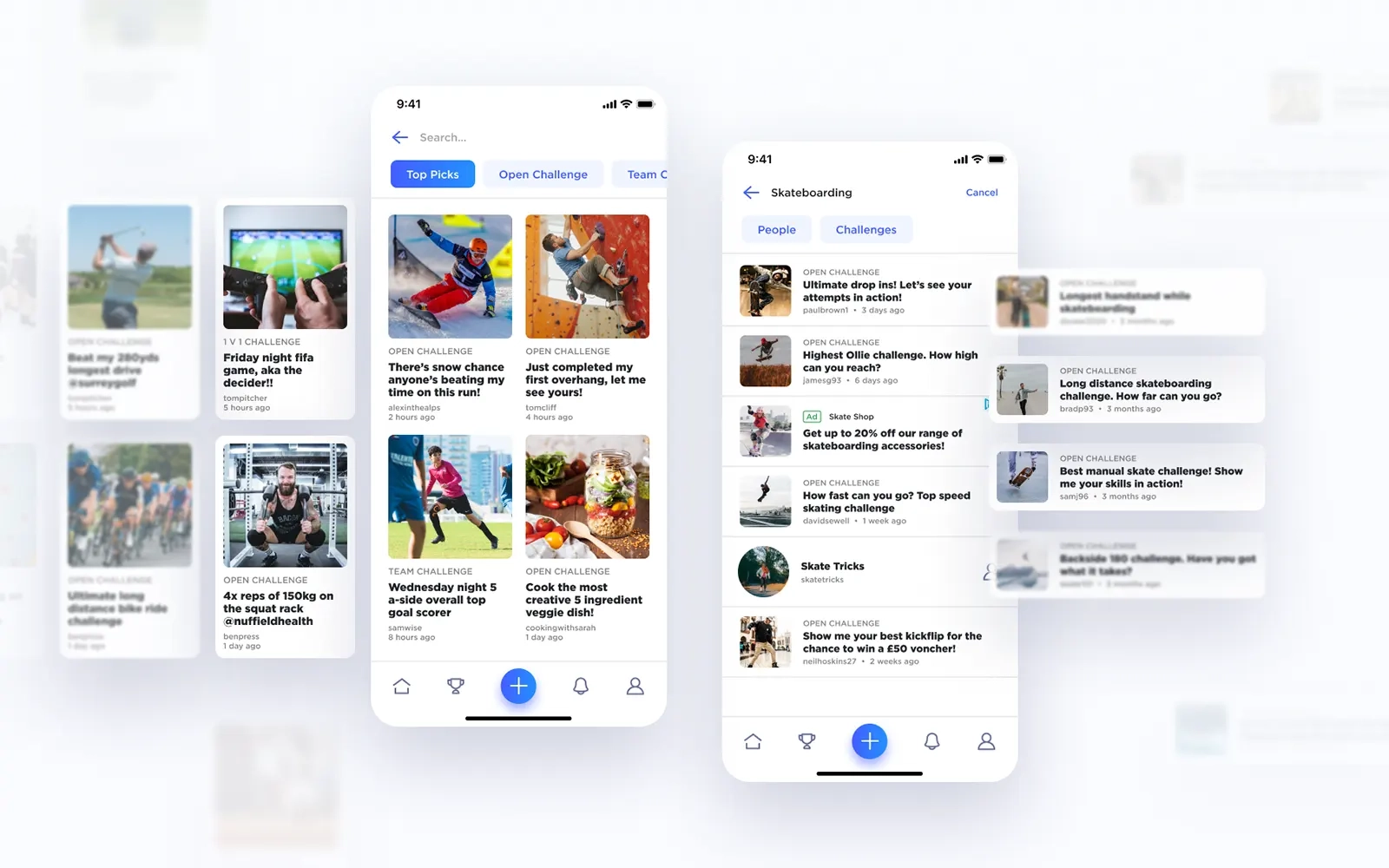 Two designs of the Challenge Social search page with a variety of photos representing challenges