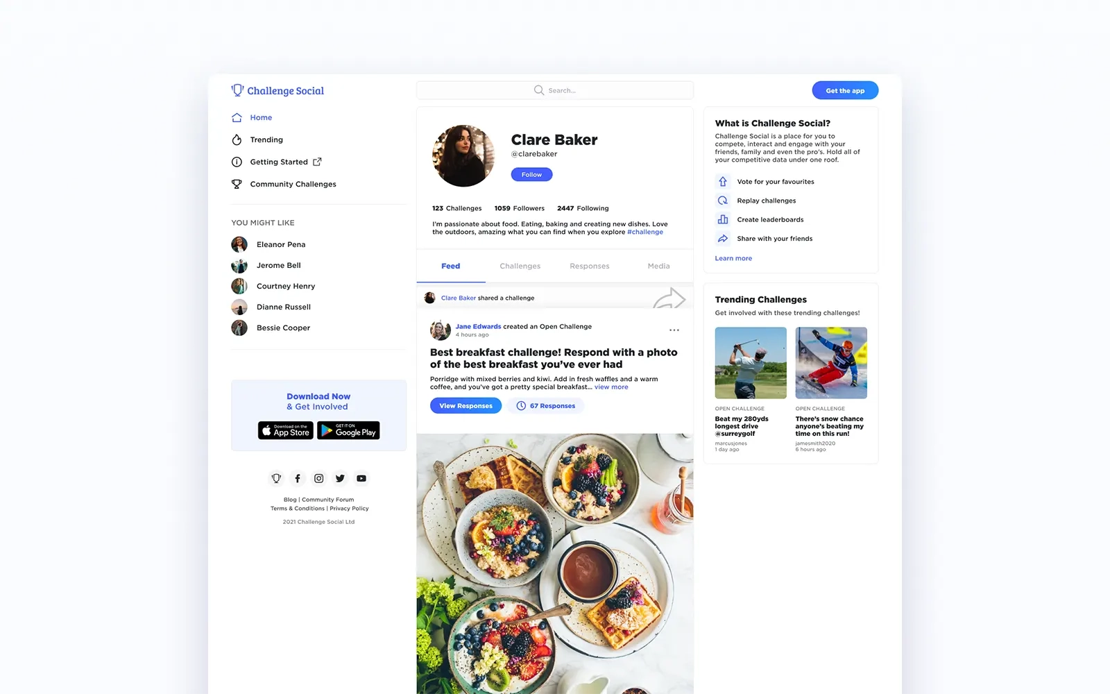 The Challenge Social web app displaying a profile