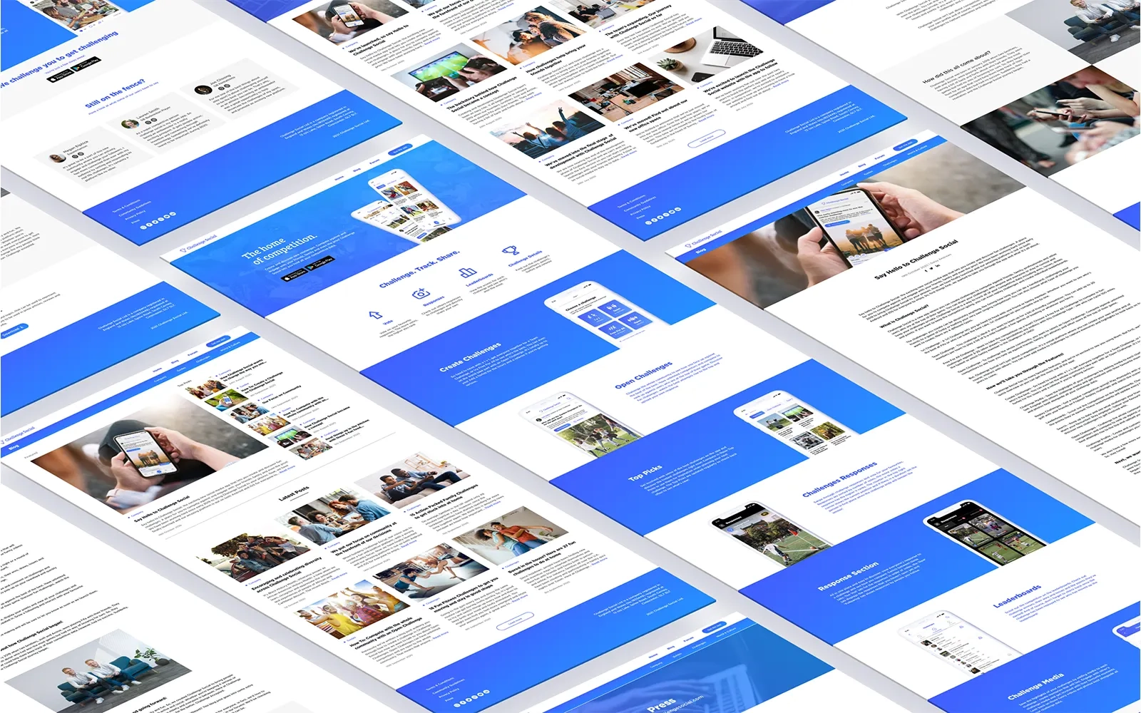 Screenshots of the Challenge Social website displayed in a modern perspective grid showing various pages of the website with blue and white sections