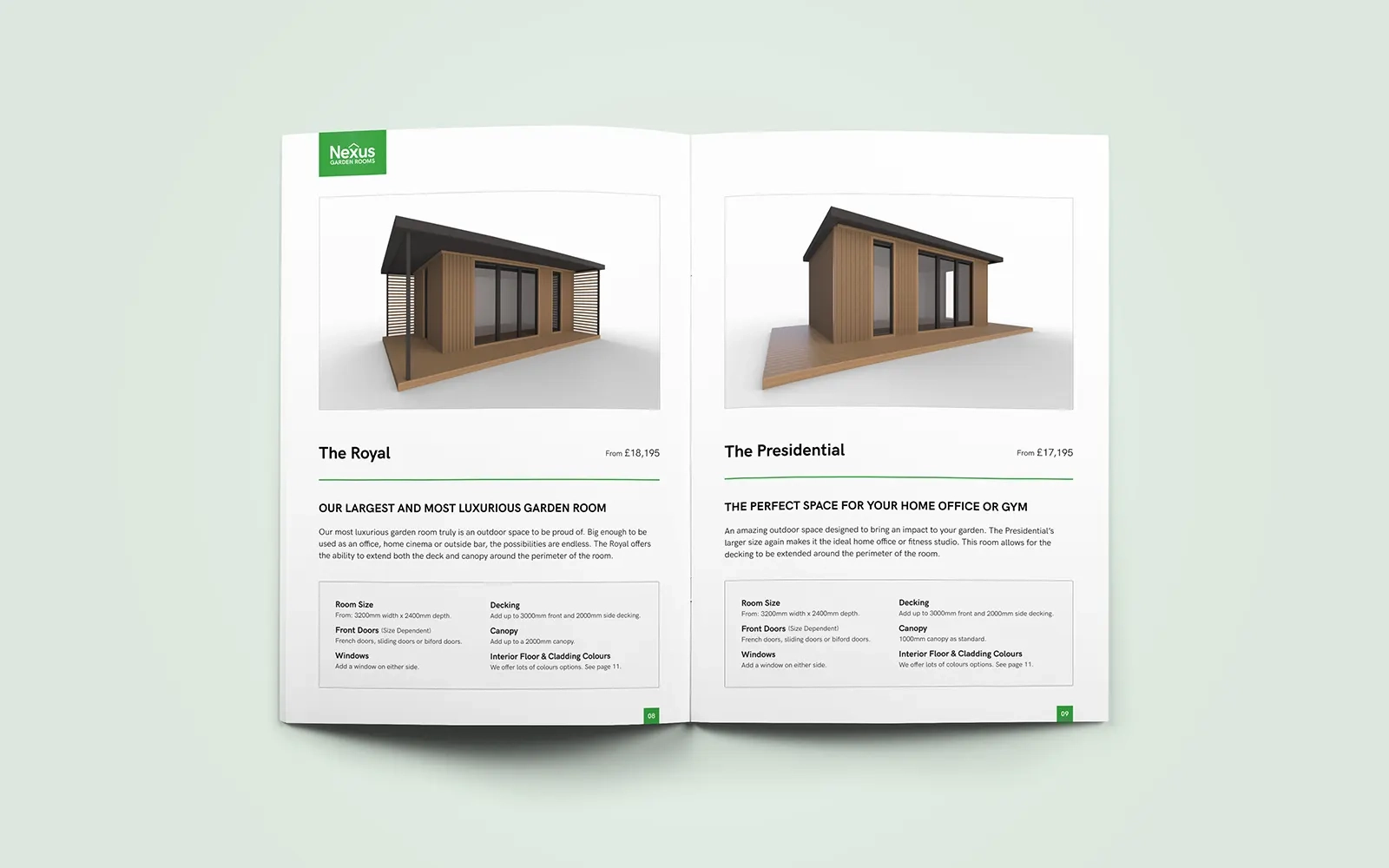 A two page spread of the brochure showing two of the different room types on offer