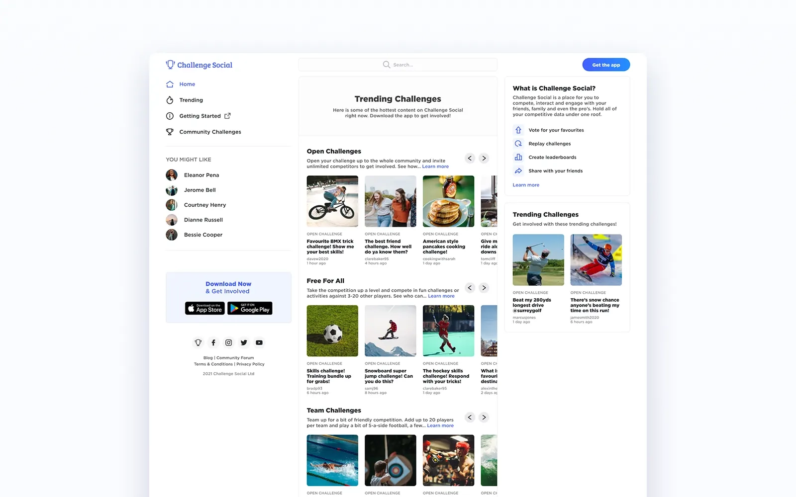 The Challenge Social web app displaying trending challenges