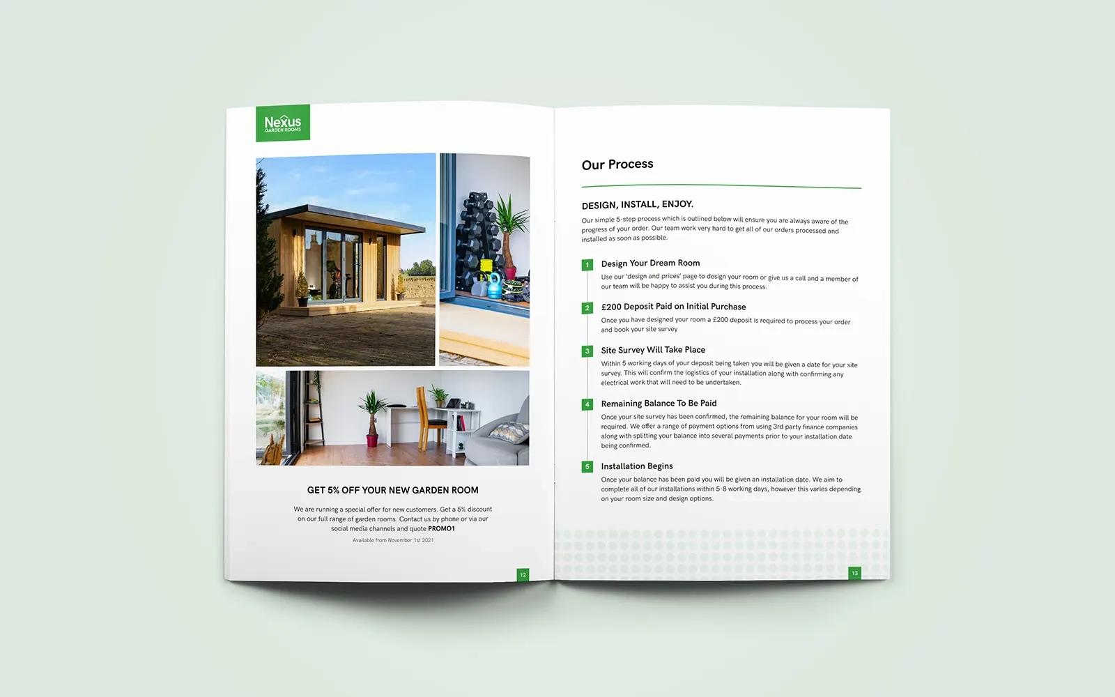 A two page spread of the brochure showing various interior and exterior photos of garden rooms and the company's process for placing an order