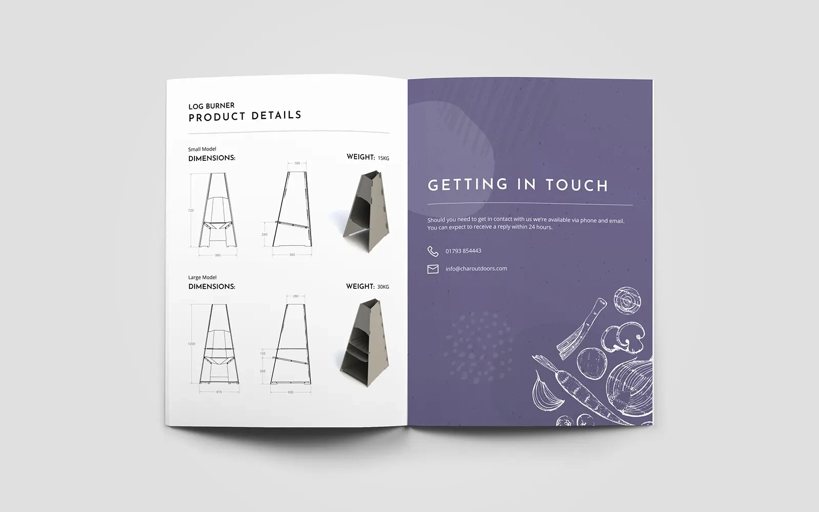 A two page spread of the brochure showing the product specifications and contact information