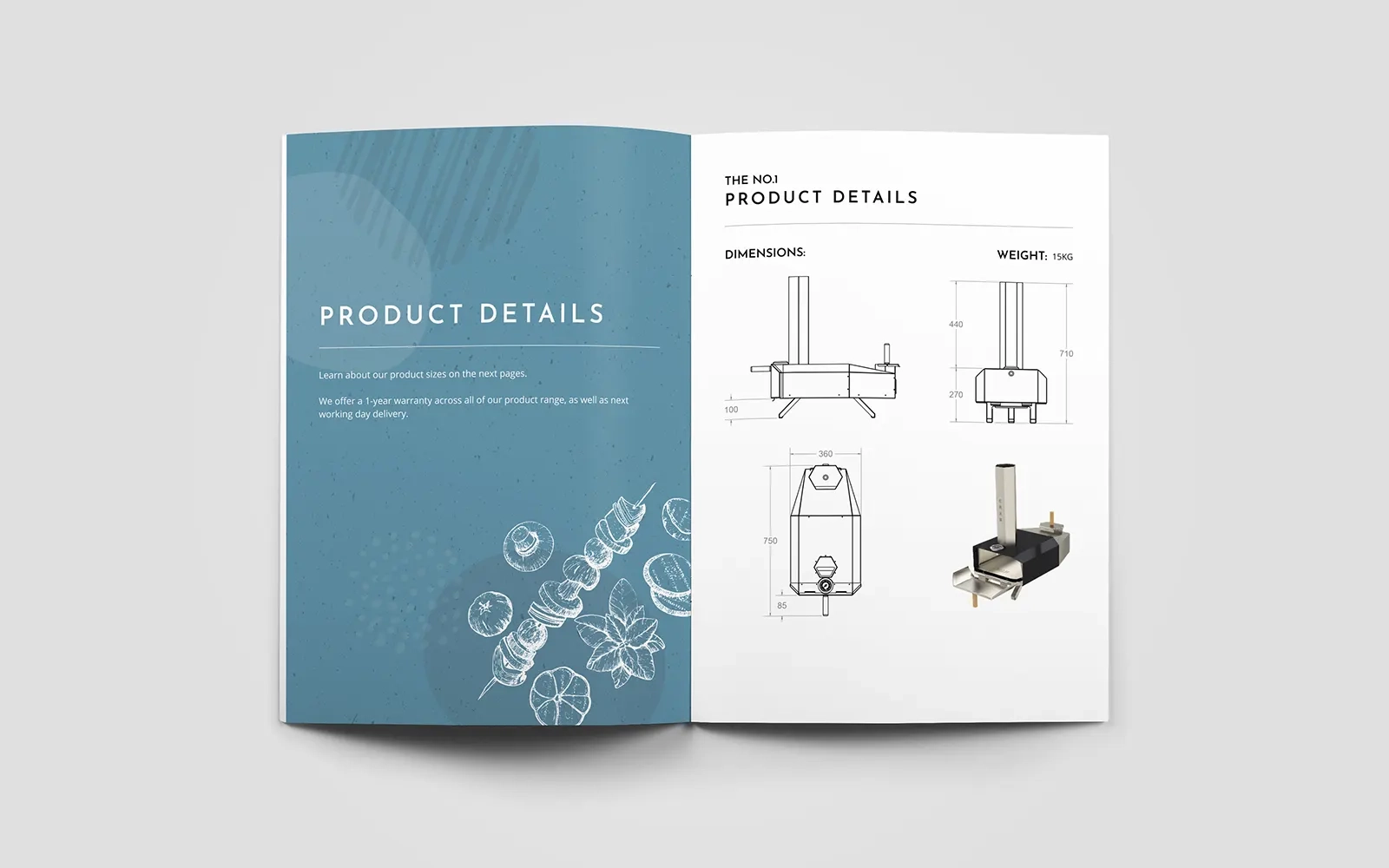 A two page spread of the brochure showing the 'product details' divider page and product specifications