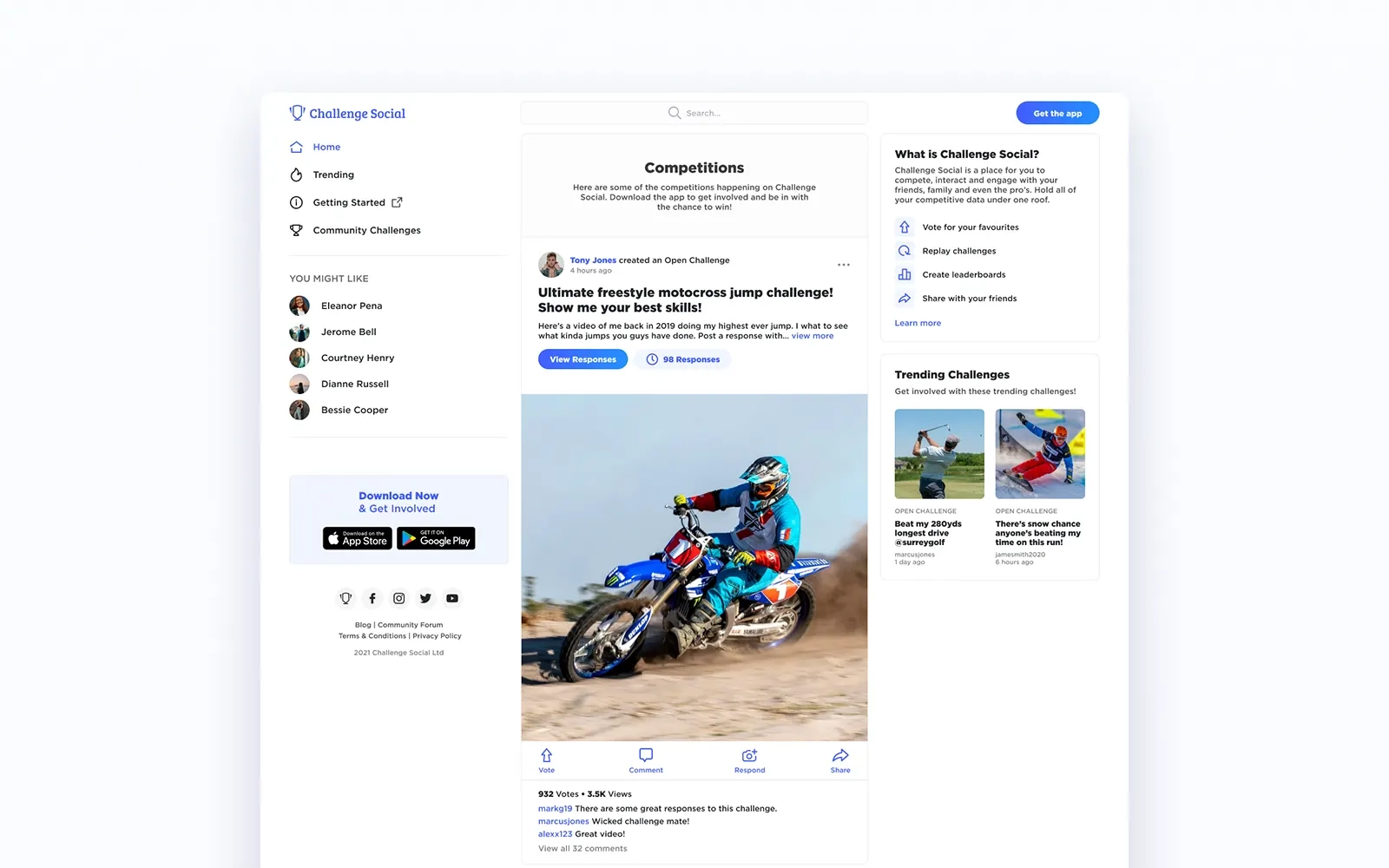 The Challenge Social web app displaying competitions