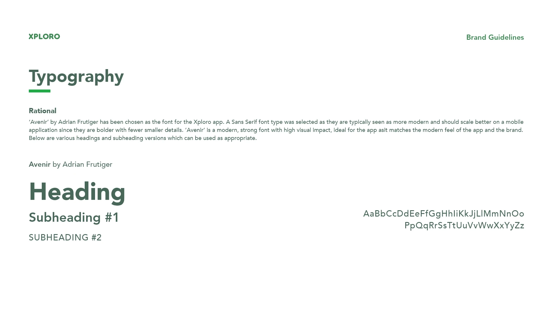 The fourth page of the Xploro brand guidelines outlines the fonts which should be used by the brand