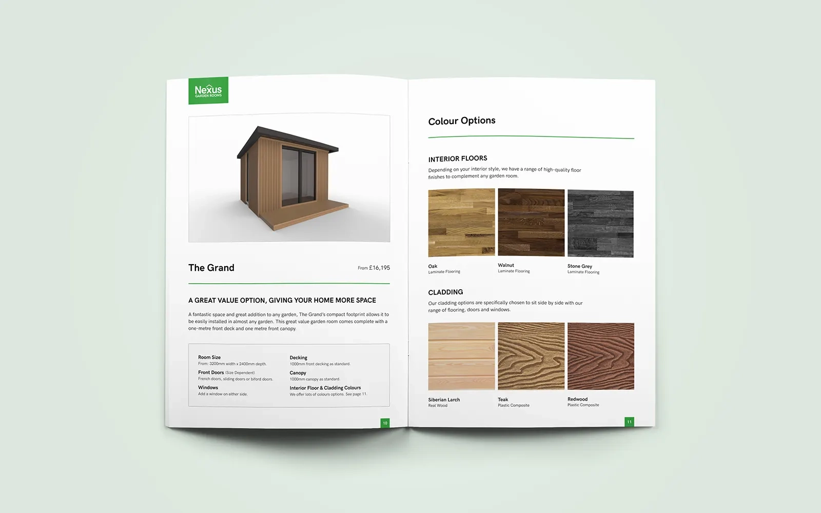 A two page spread of the brochure showing one of the room types on offer as well as the various finishes available