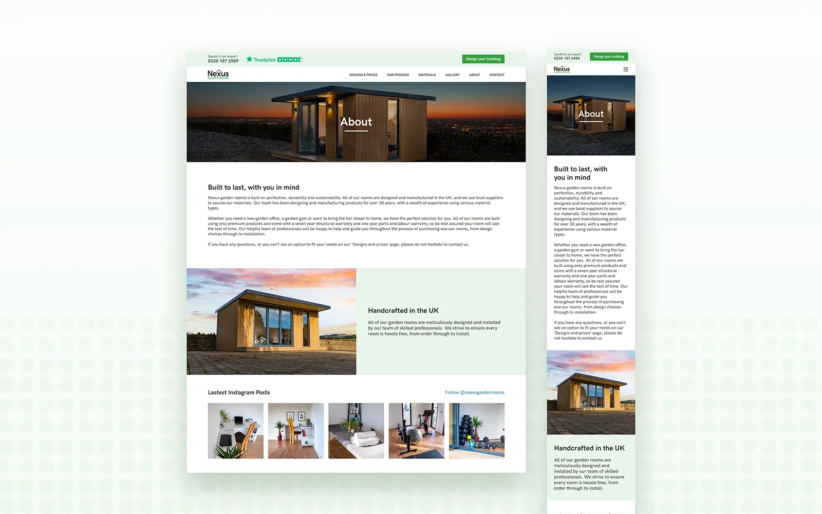 Two images side by side one showing the desktop version the other the mobile version of the about page with information about the company and photos from their Instagram feed