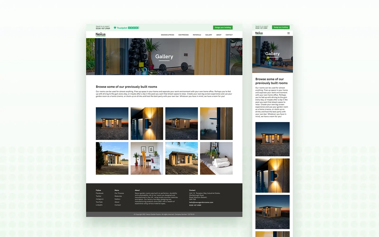Two images side by side one showing the desktop version the other the mobile version of the gallery page which showcases a range of images of previously built rooms