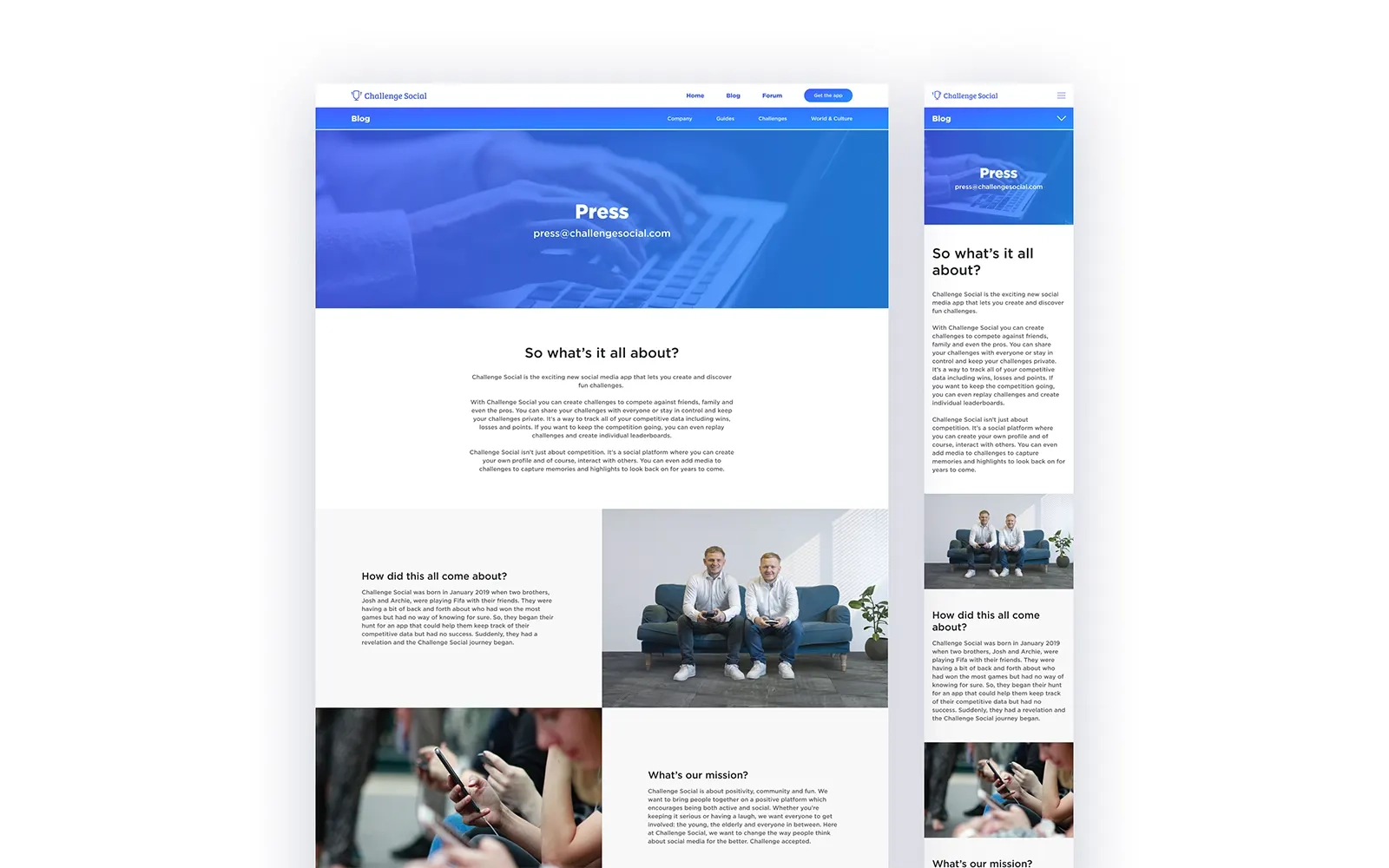 Two images side by side, one showing the desktop version, the other showing the mobile version of the press page