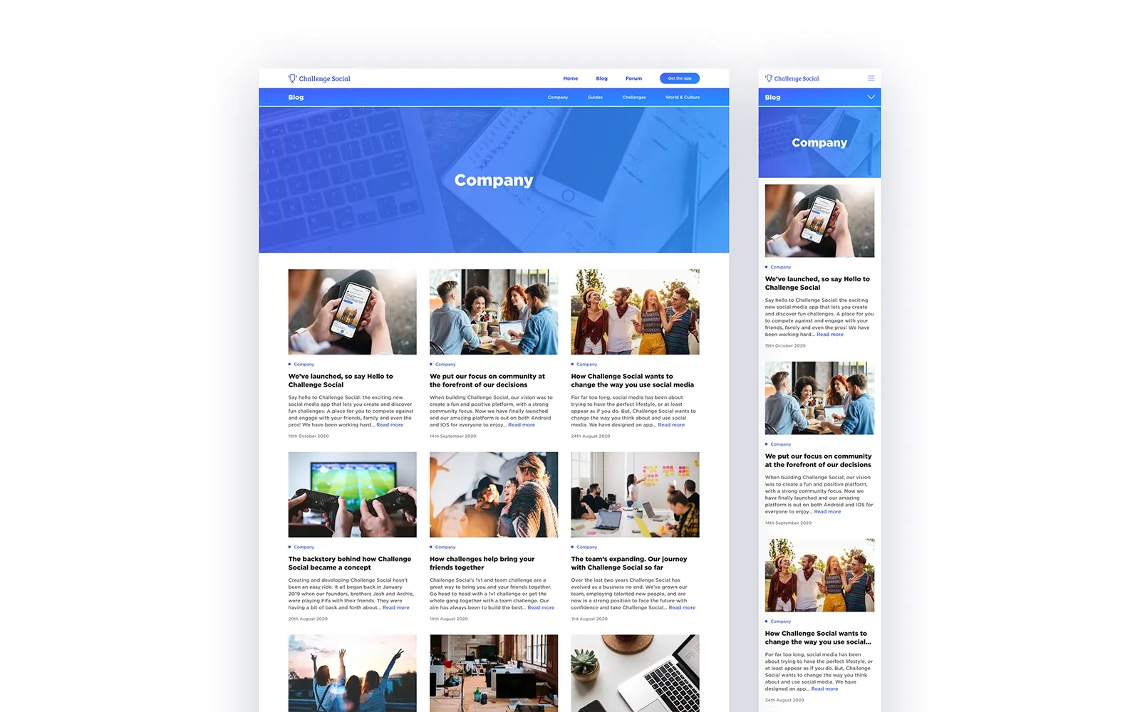 Two images side by side, one showing the desktop version of the blog category age, the other the mobile version. The blog page displays a variety of previews of articles shown with thumbnail photos