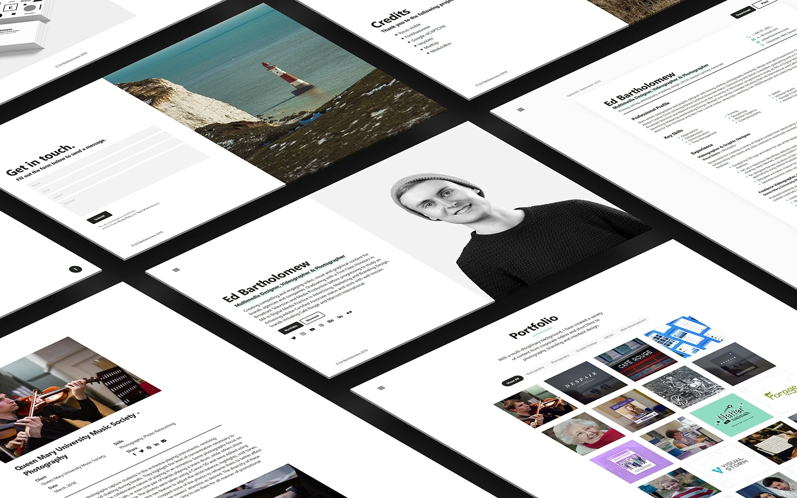 Screenshots of the Ed Bartholomew website displayed in a modern perspective grid showing the site’s creative and professional design style
