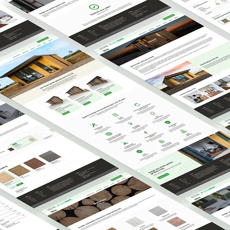 Screenshots of the Nexus Garden Rooms website displayed in a modern perspective grid showing various pages of the website