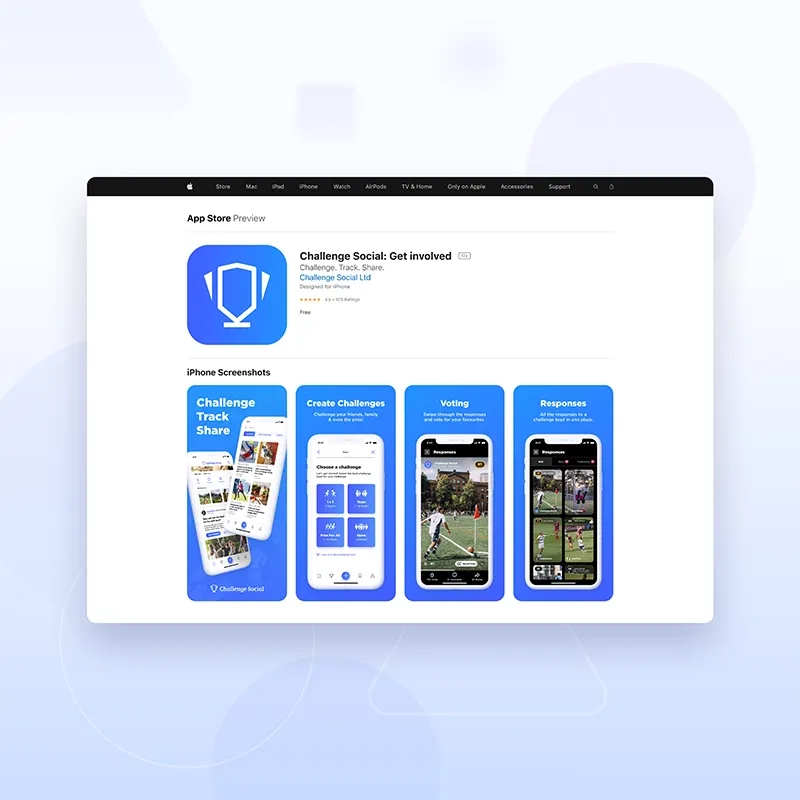 The Challenge Social page on the App Store, showing screenshots of the app against a blue background