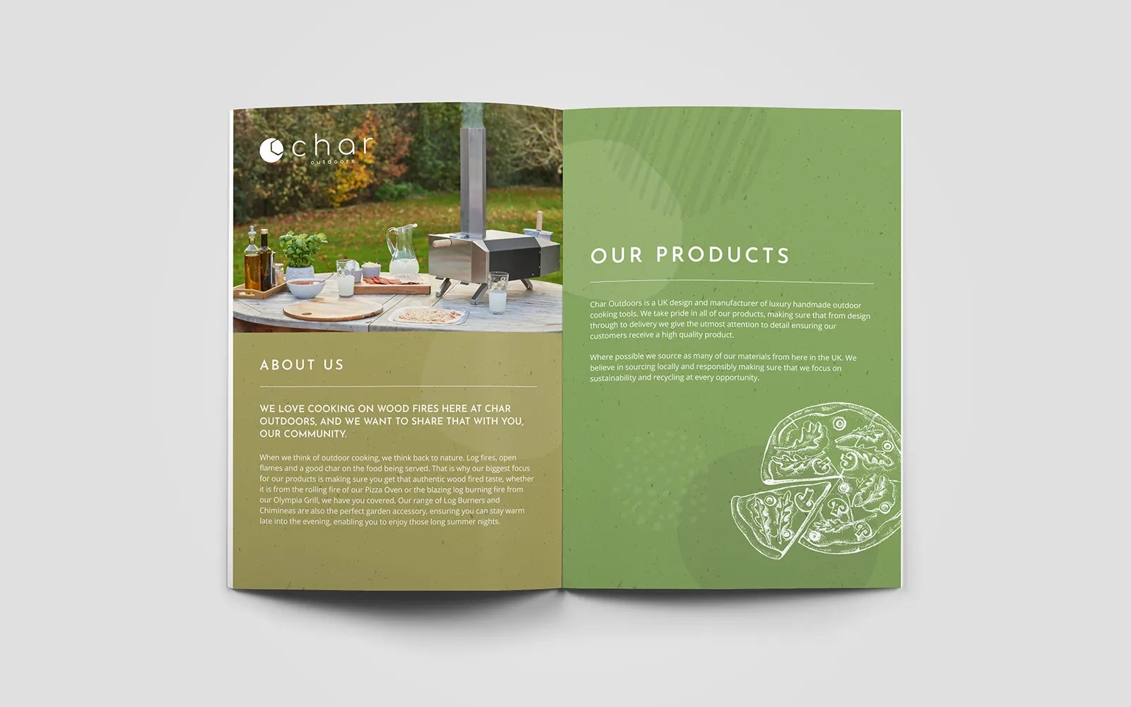 A two page spread of the brochure showing the 'about' page and 'our products' divider page