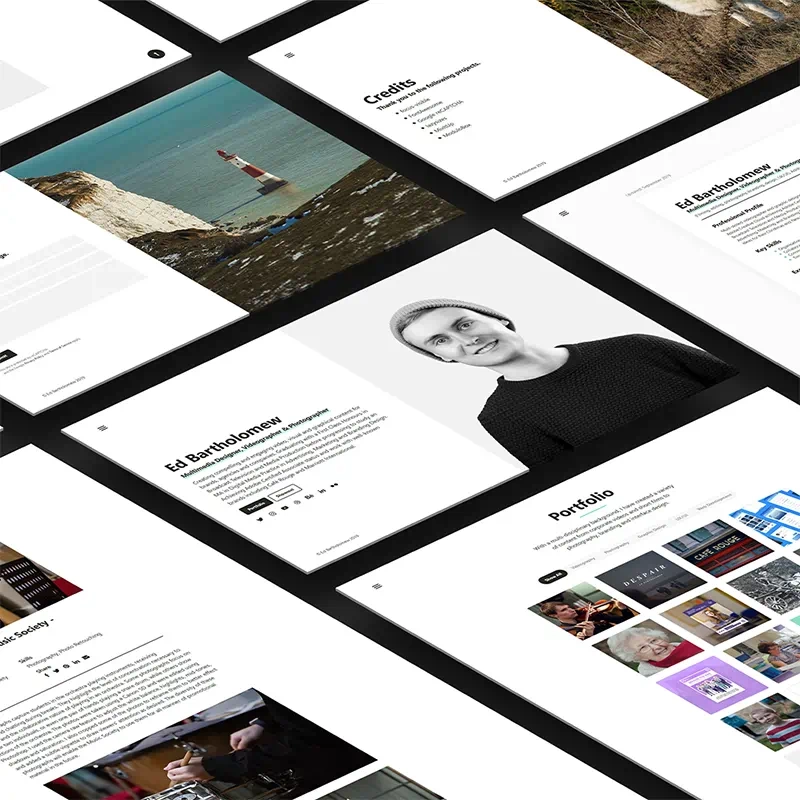 Screenshots of the Ed Bartholomew website displayed in a modern perspective grid showing the site’s creative and professional design style