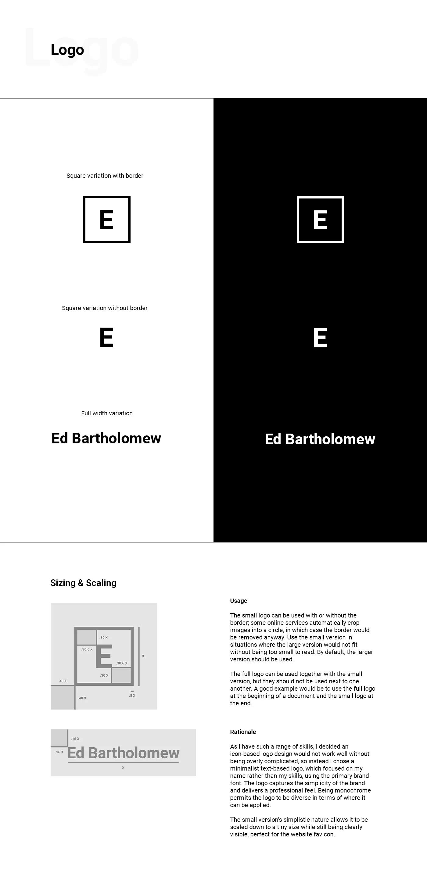 The logo page outlines each logo to be used by the brand as well as how to size and scale it