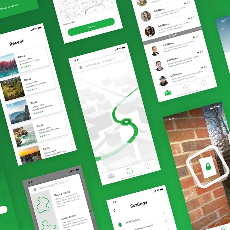 Screenshots of the Xploro app displayed in a grid at a slight angle on a green background, highlighting the app’s features