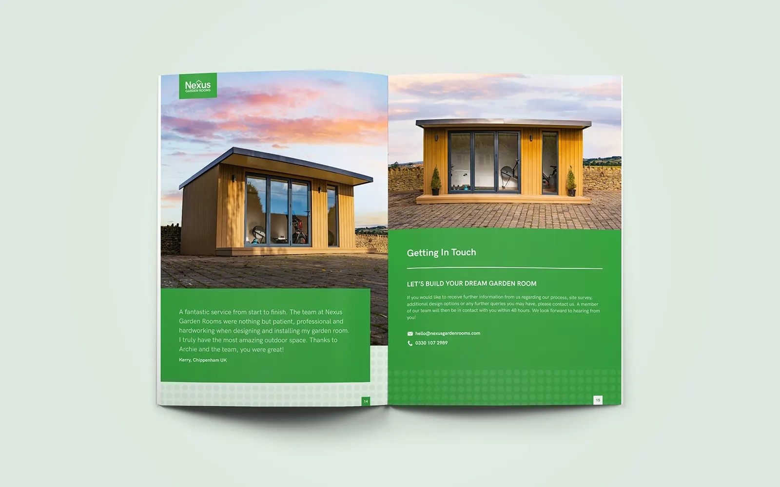 A two page spread of the brochure showing beautiful sunset photos of a garden room along with a customer review and the company's contact information