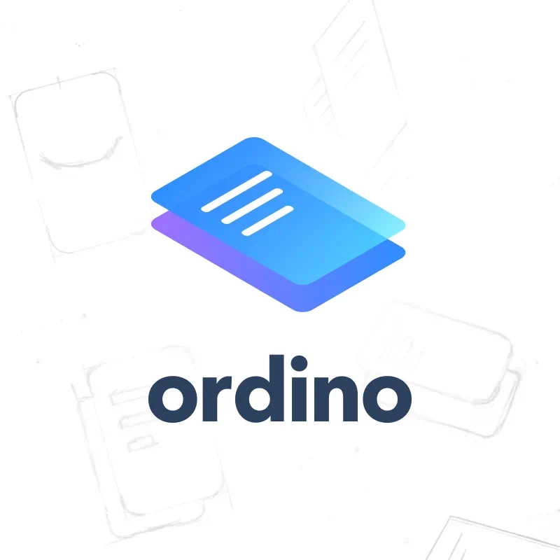 Designed to provoke thoughts of organisation and productivity, this modern blue and purple logo shows two pieces of paper stacked on top of one another at an angle on a white background showing initial sketches of the logo