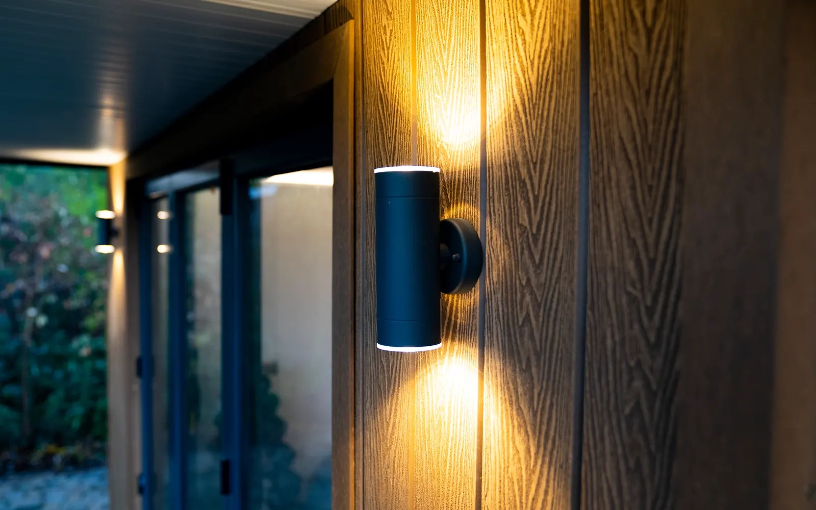 A close-up of the exterior lighting on a garden room