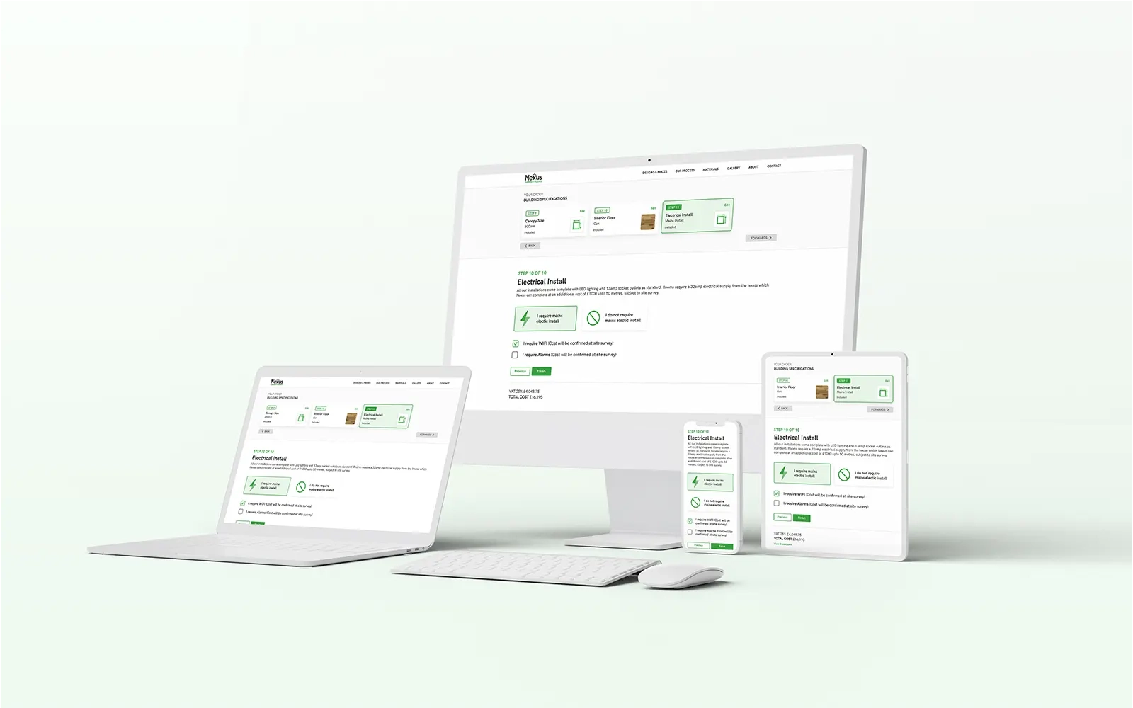 The Nexus Garden Rooms online configurator page displayed in various white 3D device mockups