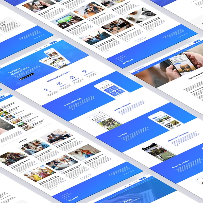 Screenshots of the Challenge Social website displayed in a modern perspective grid showing various pages of the website with blue and white sections