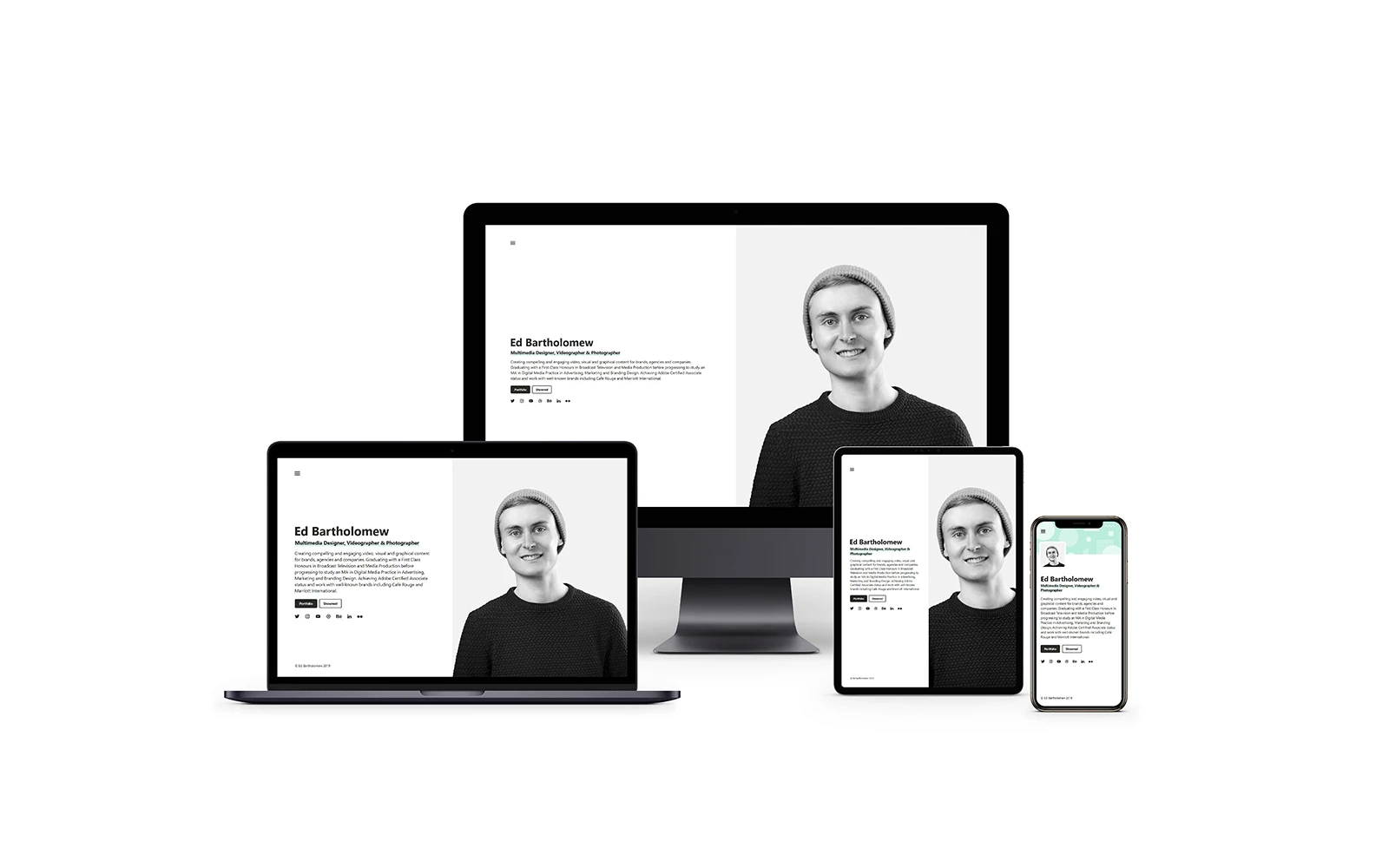 On a plain white background, we see a variety of devices, including a laptop, desktop, tablet and mobile each showing what the Ed Bartholomew website looks like when loaded on different sized screens