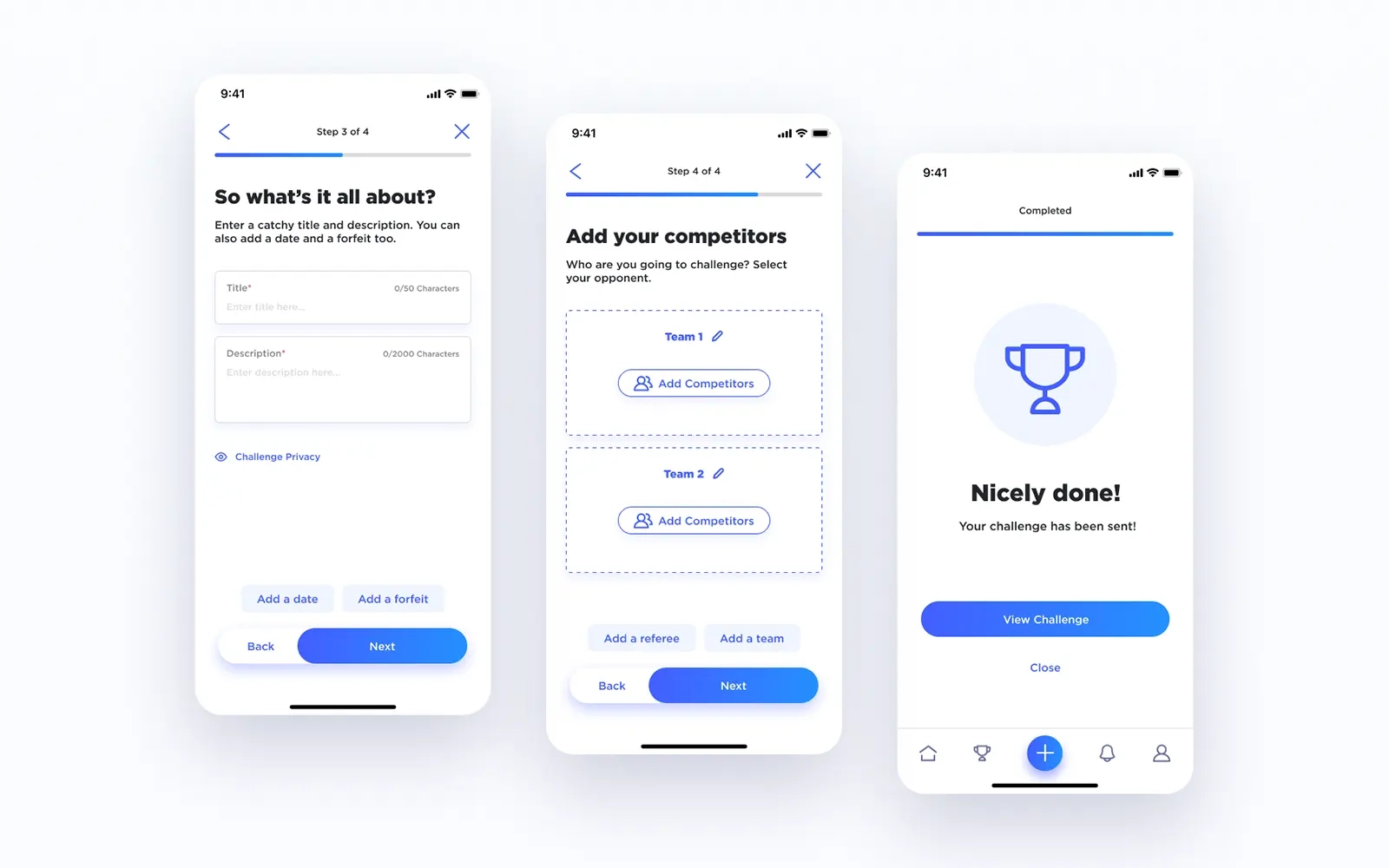 Three designs of the Challenge Social 'create a challenge' flow